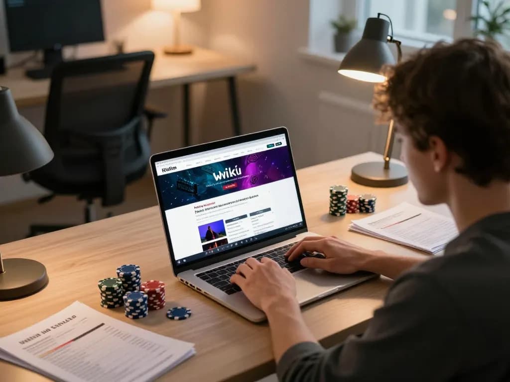 Browsing the hidden wiki website while analyzing poker strategies in a cozy home office setup