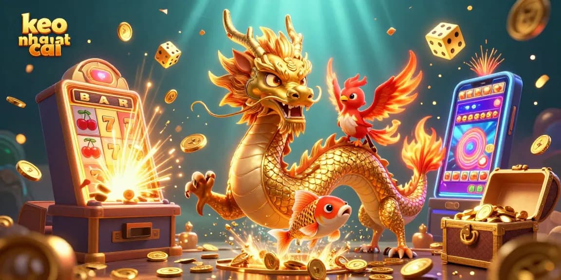 Experience thrilling wins with keo nha cai amidst a vibrant 3D casino scene filled with dragons, coins, and jackpots.