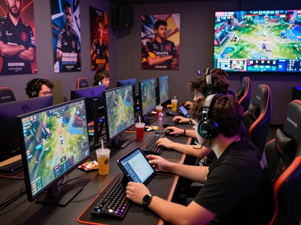 Group cheering for esports betting Singapore in a lively gaming lounge.