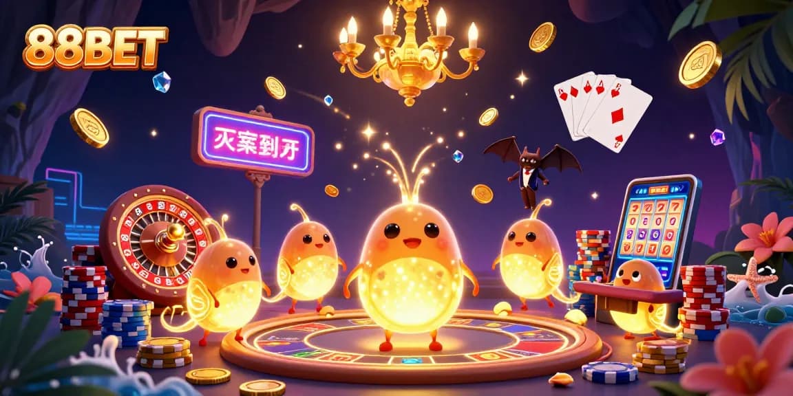 Experience thrilling gameplay with 88BET at a lively cave casino, enriched with vibrant visuals and casino elements.