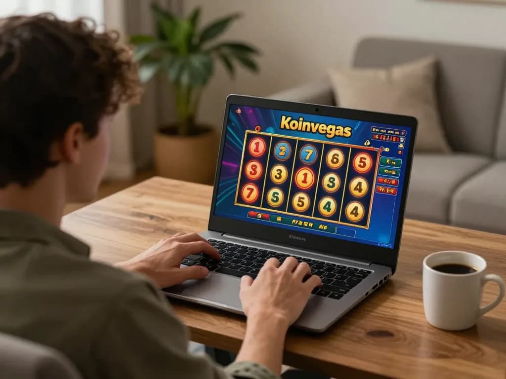 Koinvegas slot gaming session with a player engaged on a laptop in a cozy home environment.