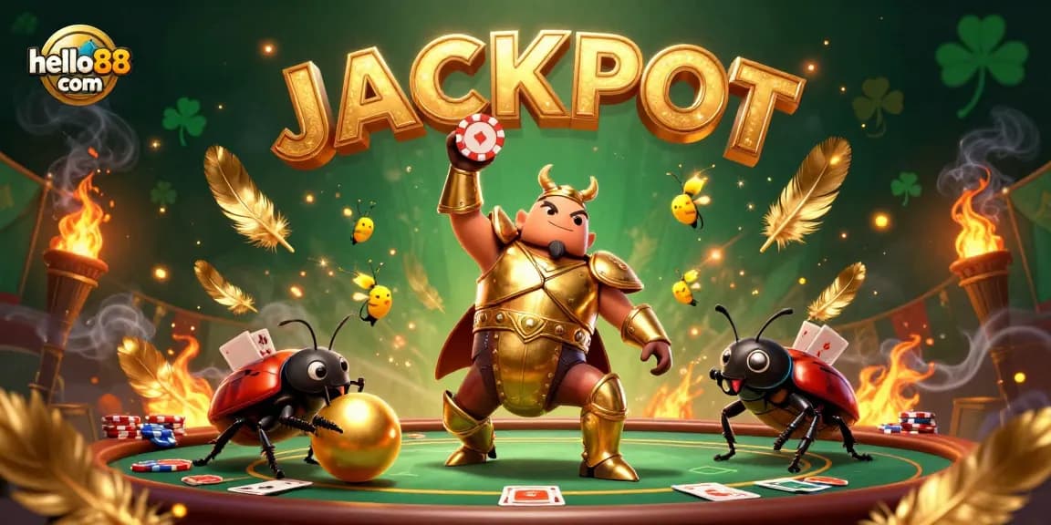 Engage in thrilling action at hello88 com with a victorious beetle champion lifting a poker chip.