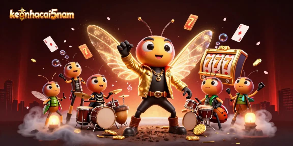 Experience thrilling wins with keonhacai5nam, a vibrant scene featuring a rock star cicada and casino elements.