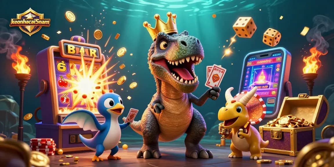 Engage with keonhacai5nam as a playful T-Rex tries to shuffle cards in a vibrant casino scene.