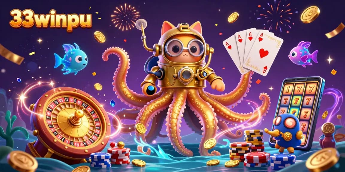 Engage with thrilling 33winpu gameplay as a kraken and diving cat share a vibrant casino adventure.