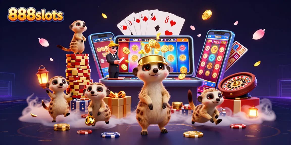 Experience 888slots excitement with meerkats running a vibrant casino scene filled with gaming action.
