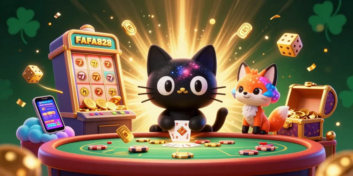Engage with FAFA828's thrilling casino action featuring a cartoon cat and colorful fox at a cosmic gaming table.