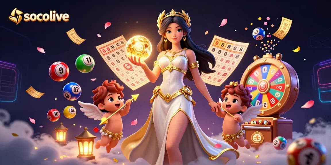 Socolive elegantly features a goddess holding a golden orb with Cupid cherubs and vibrant lottery elements.