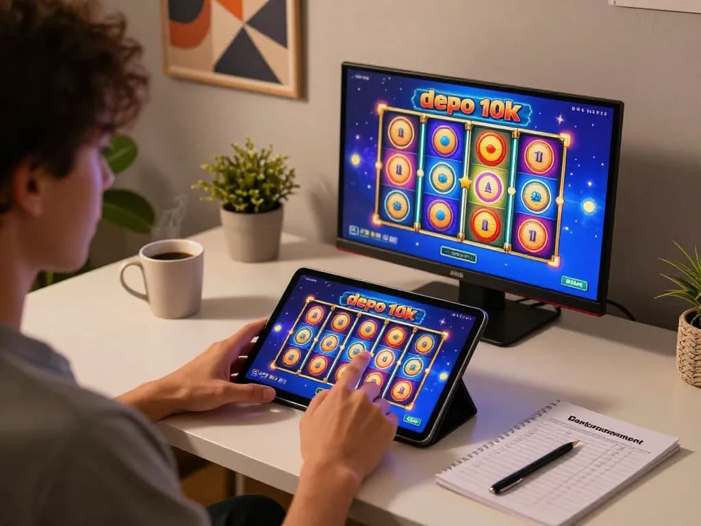Player engaging in exciting slot depo 10k games on a tablet while managing bankroll in a cozy home setting