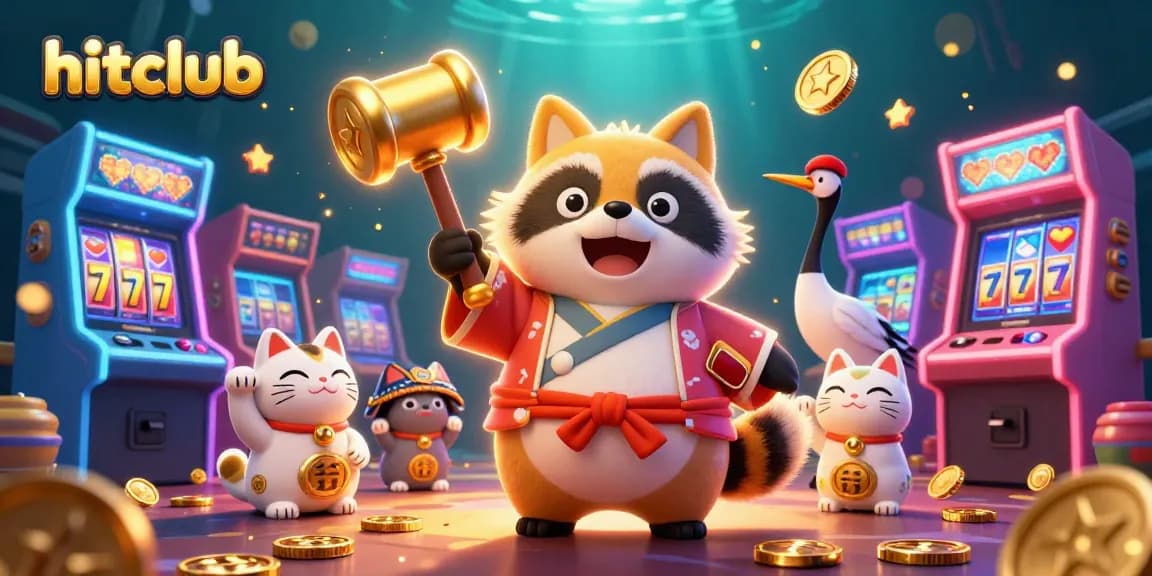 hitclub players engaging with vibrant casino games featuring tanuki and lucky symbols.