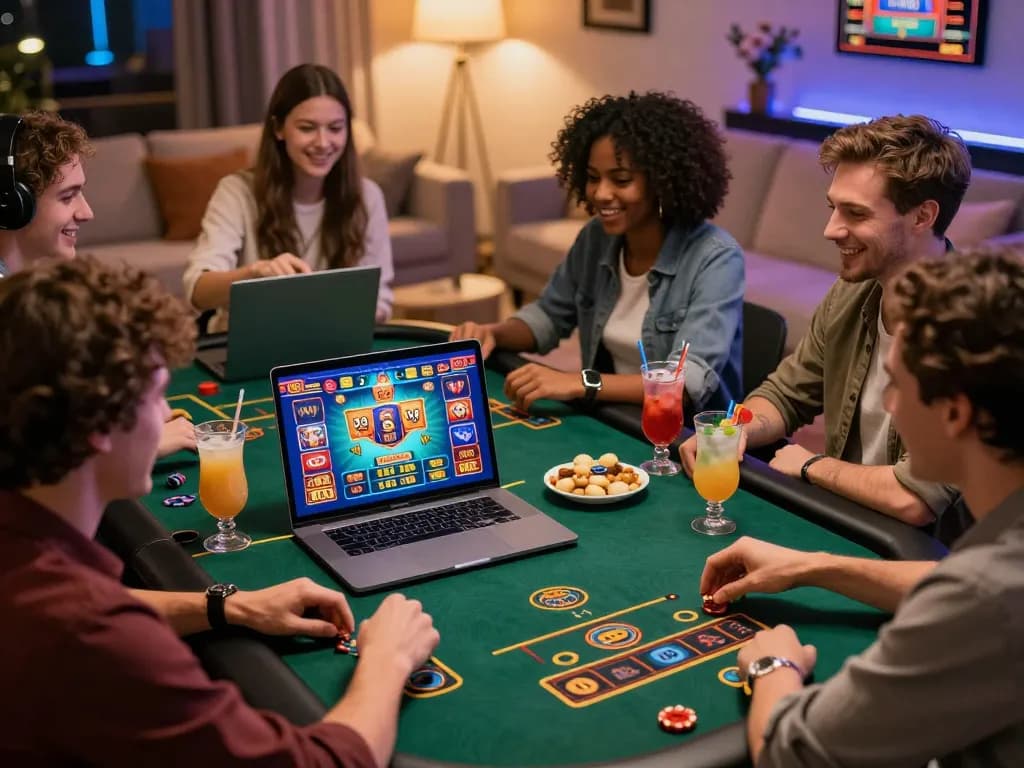 Playful friends enjoying online gambling at nhà cái 8kbet with vibrant casino visuals and cozy atmosphere.