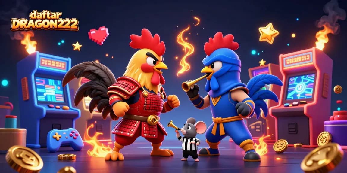 Engage with daftar DRAGON222 in a thrilling standoff between roosters clad in samurai and ninja gear amidst a vibrant casino atmosphere.