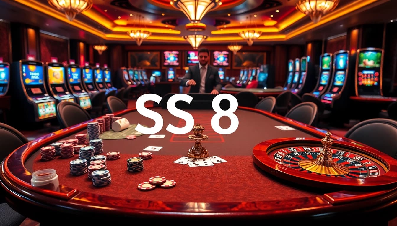 S8 casino table showcasing vibrant poker chips and classic cards under soft golden lights.