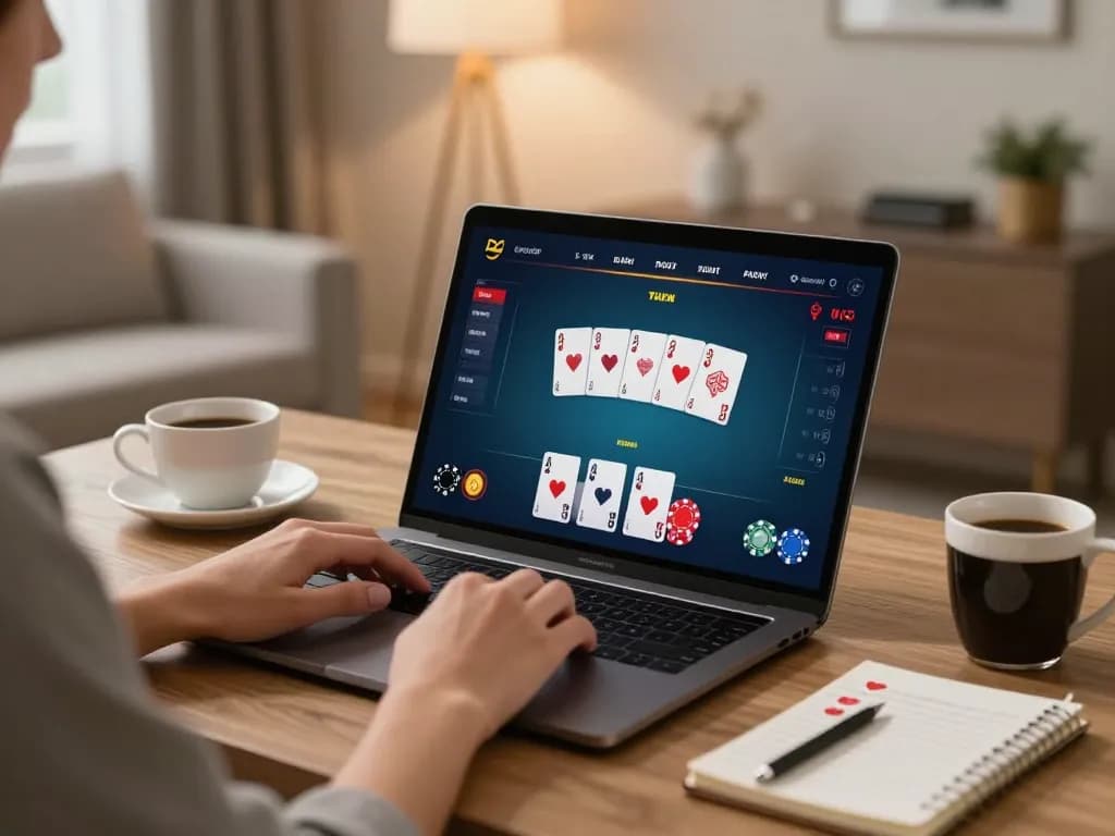 FLY88 online poker game interface on laptop with strategic betting notes and warm ambiance