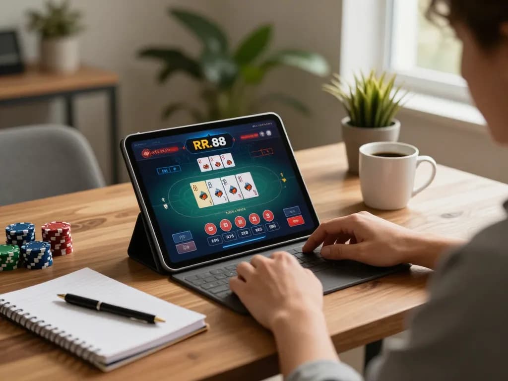 Experience RR 88 poker gameplay on a tablet in a cozy home office setting.