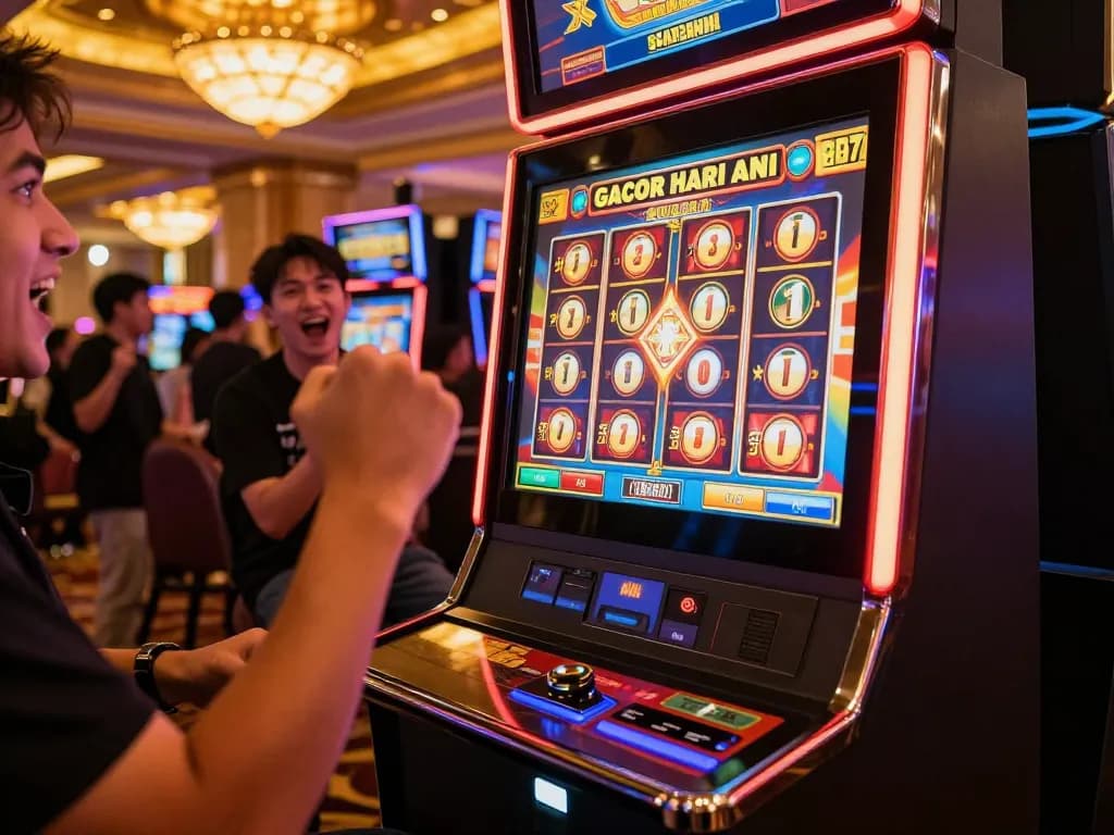 Player winning at slot gacor hari ini machine with exciting casino atmosphere and vibrant lighting.