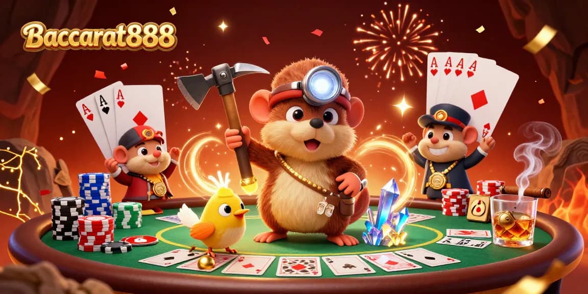 Baccarat888 offers an exciting gaming experience as a treasure hunter mole and his canary explore a vibrant casino scene.