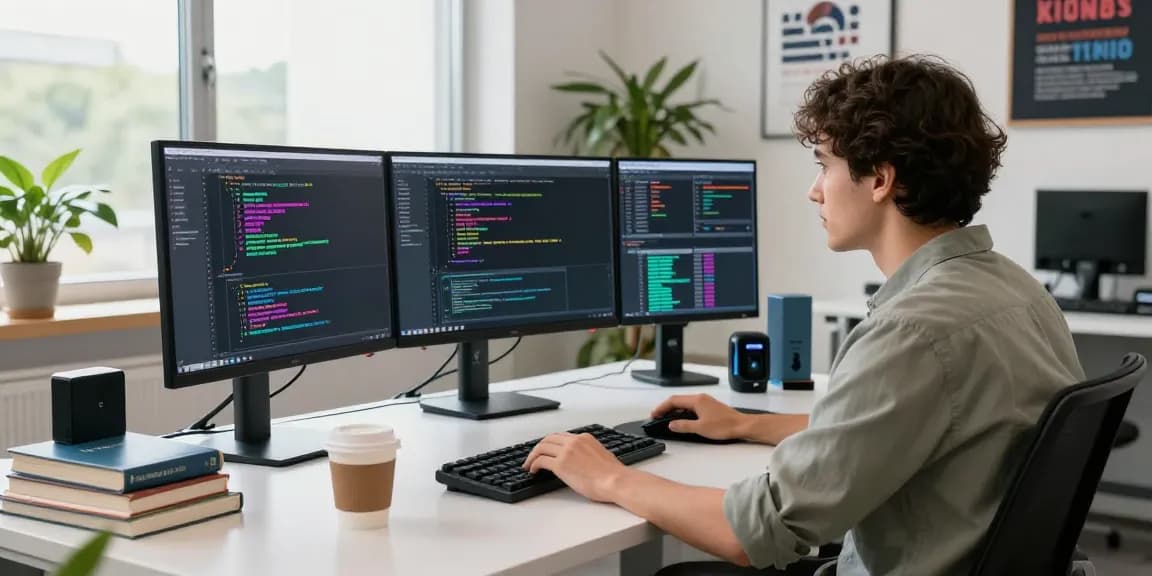 Experienced developer coding at a modern workspace with 24/7 Clones tools and vibrant atmosphere.