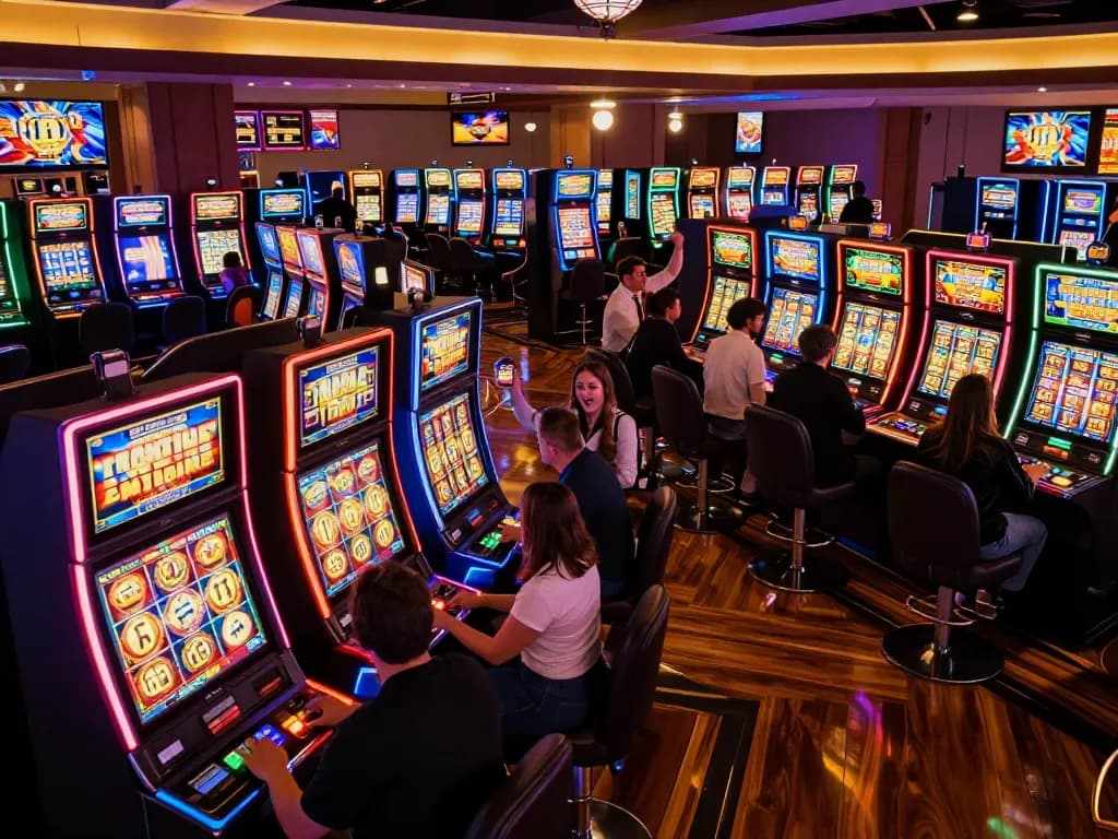 Players celebrating a slot bonus win amid colorful slot machines on a lively casino floor
