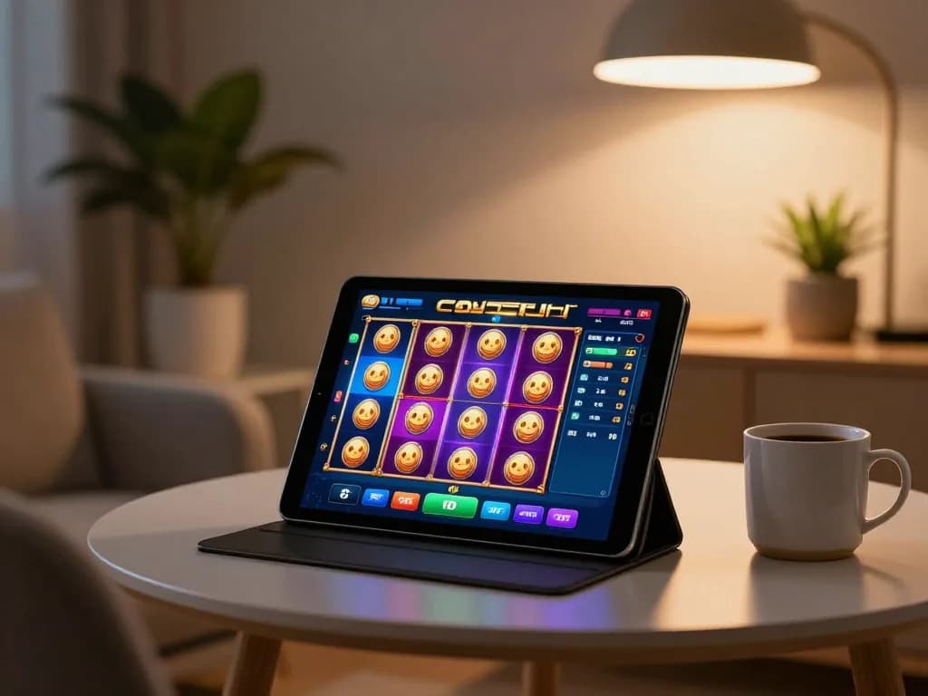 Situs slot bet 200 displayed on tablet during a cozy online gaming session with warm lighting.