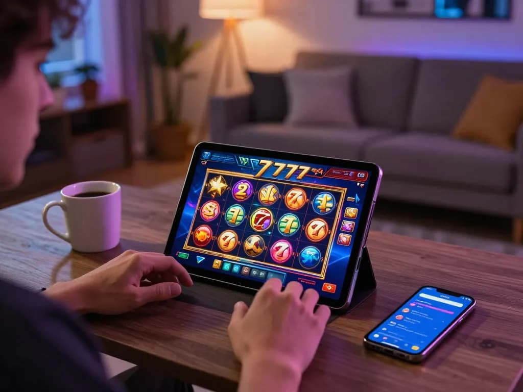 Engaging gameplay at slot777 with player immersed in online slots on tablet in modern setting.
