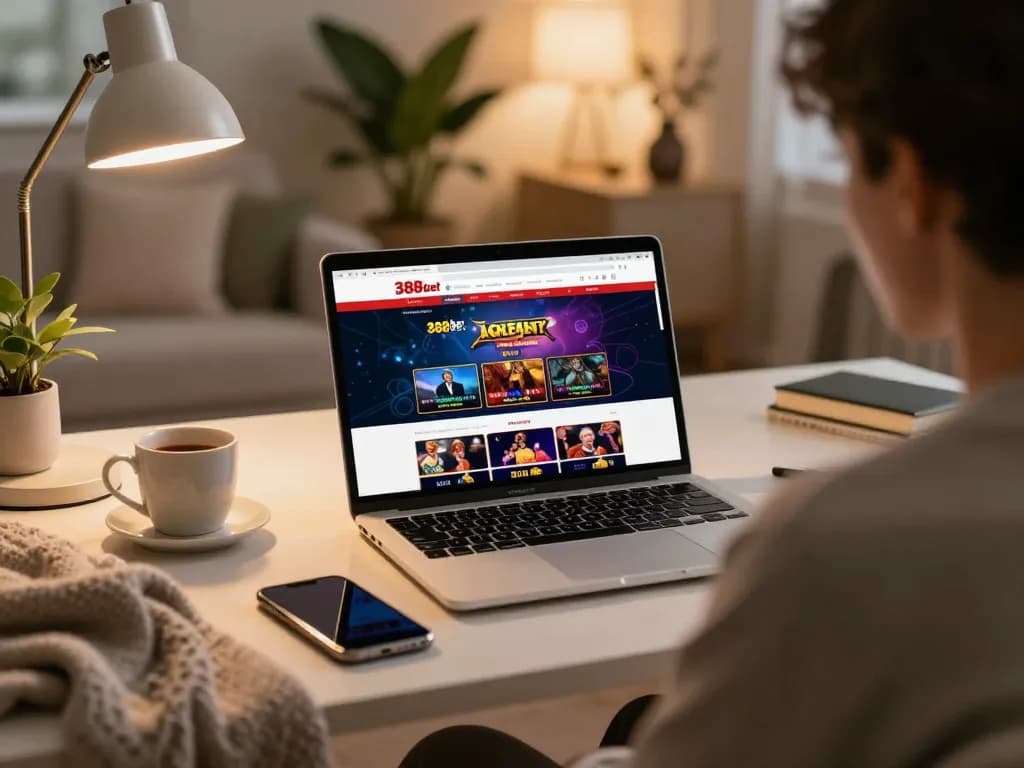 Engaging scene of a person playing on 388bet online casino from a cozy home office.