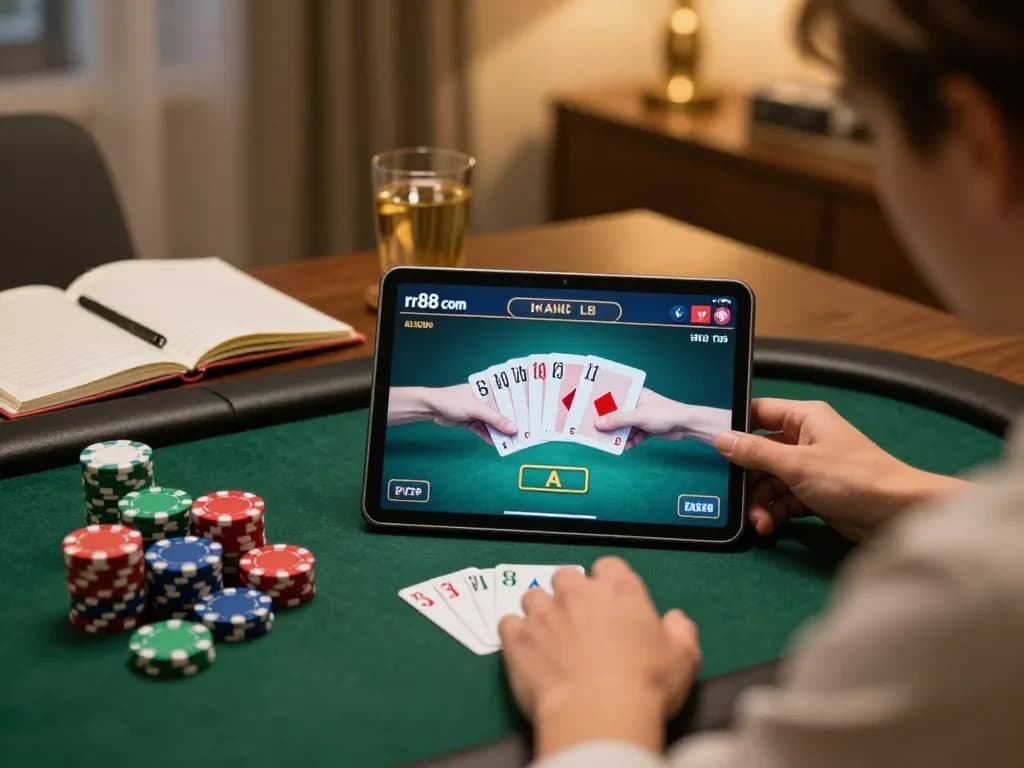 Engaging online poker scene on rr88 com showcasing strategic gameplay in a cozy home setting.
