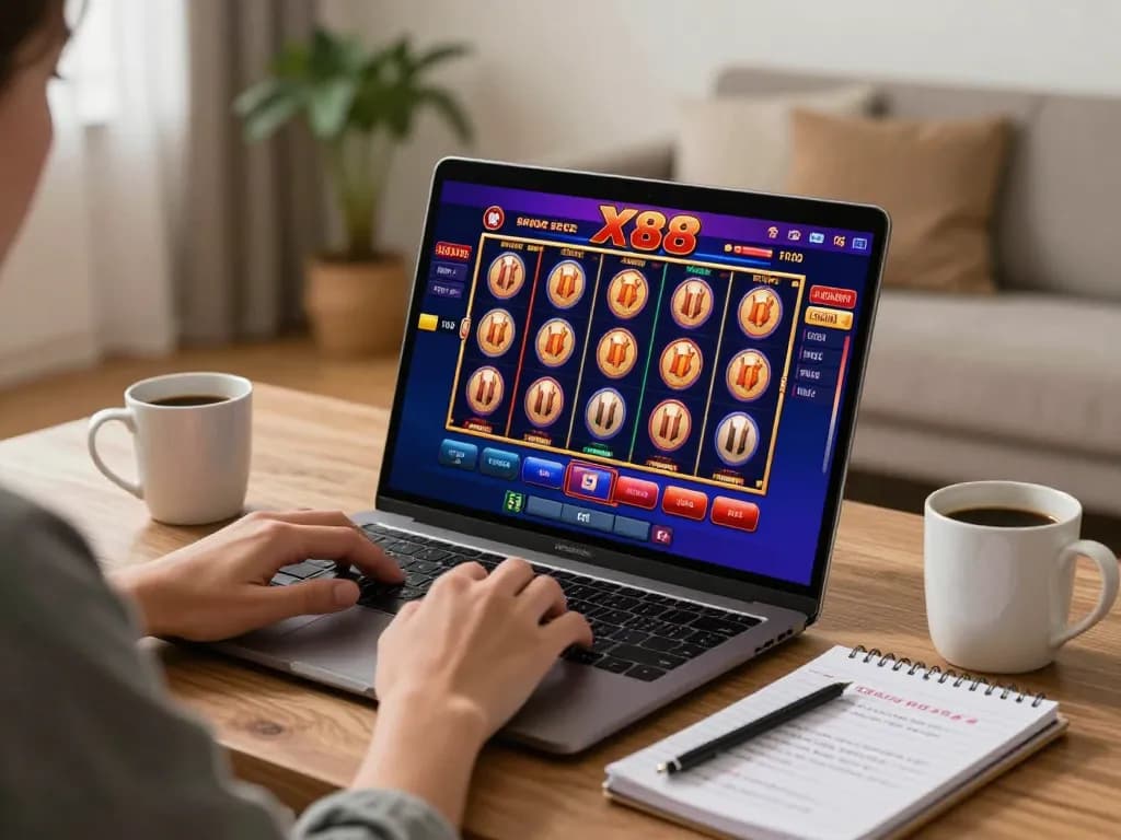 X88 online gaming experience with player focused on laptop displaying slot machine interface.
