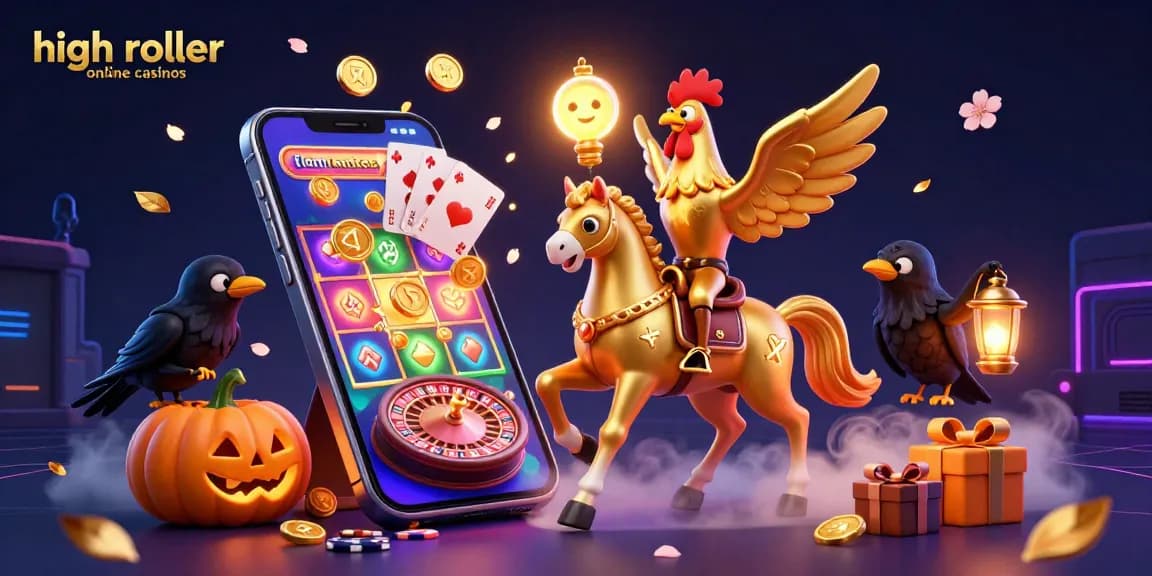 Experience high roller online casinos with a golden rooster and spectral horse in a vibrant casino scene.