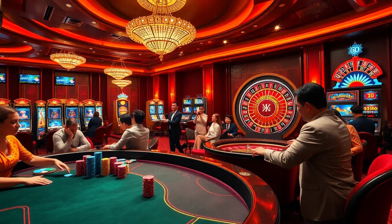 Experience the thrill of gambling at jun88.buzz with an engaging casino scene featuring poker tables and roulette wheels.