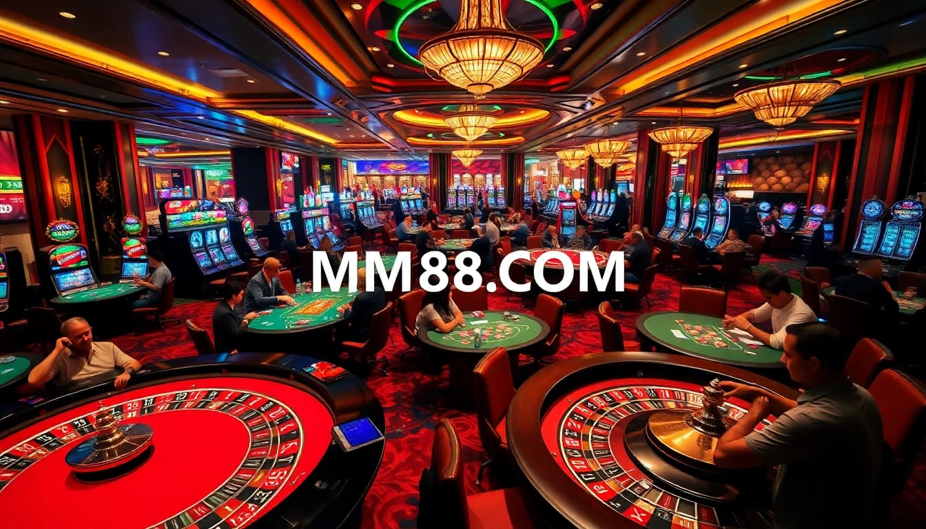 Engaging scene at MM88 COM casino with players enjoying poker, roulette, and slot machines.