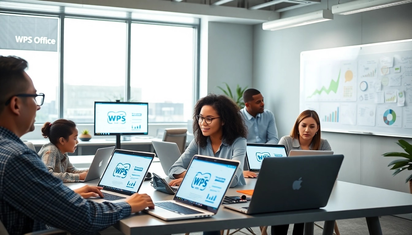 团队在现代办公室使用 WPS Office 软件提升生产力的协作场景。