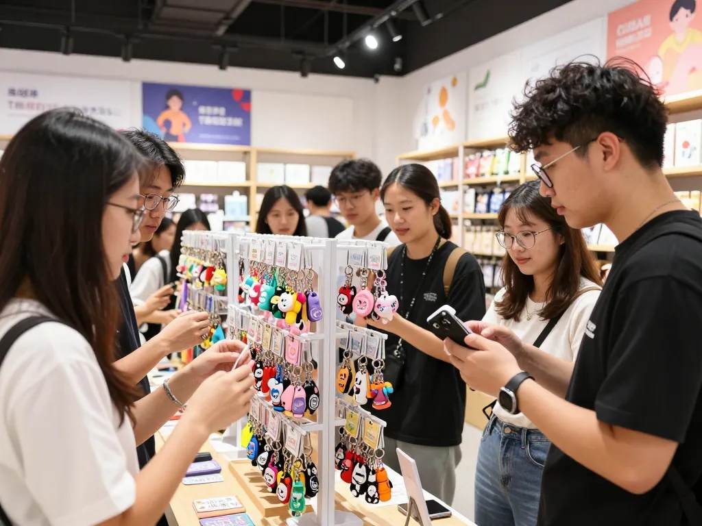 Colorful custom key chains on display in a vibrant retail environment, showcasing unique designs and customer engagement.