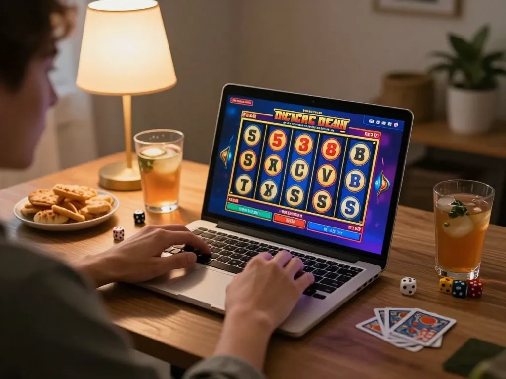 Engaging scene of a player enjoying situs slot gacor on a laptop at home, showcasing colorful slot game action.