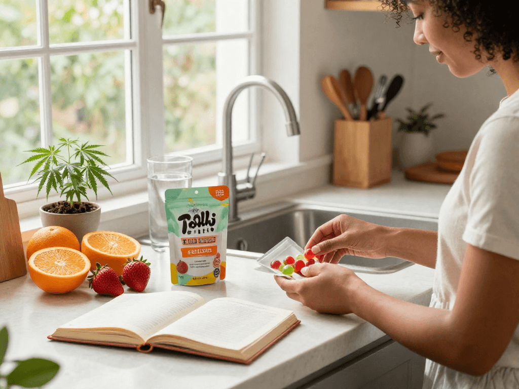 Trolli candy gummies displayed in a bright kitchen, highlighting healthy living with CBD and fresh fruits.