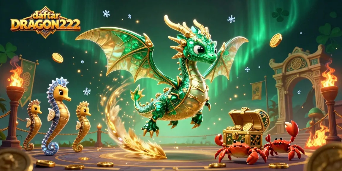 Engage in thrilling experiences with daftar DRAGON222, featuring a vibrant dragon and sea creatures amidst a treasure-filled backdrop.