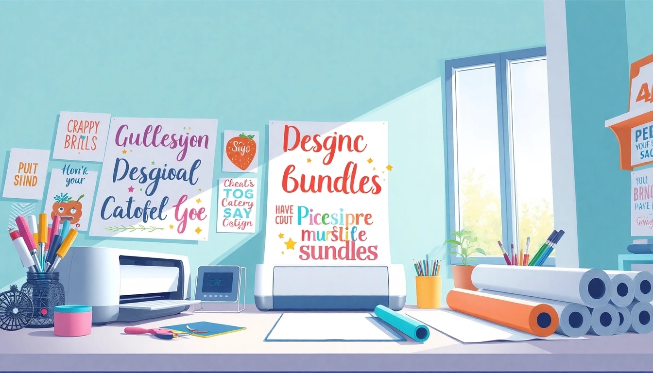 Crafting workspace showcasing design bundles SVG files and Cricut machine.