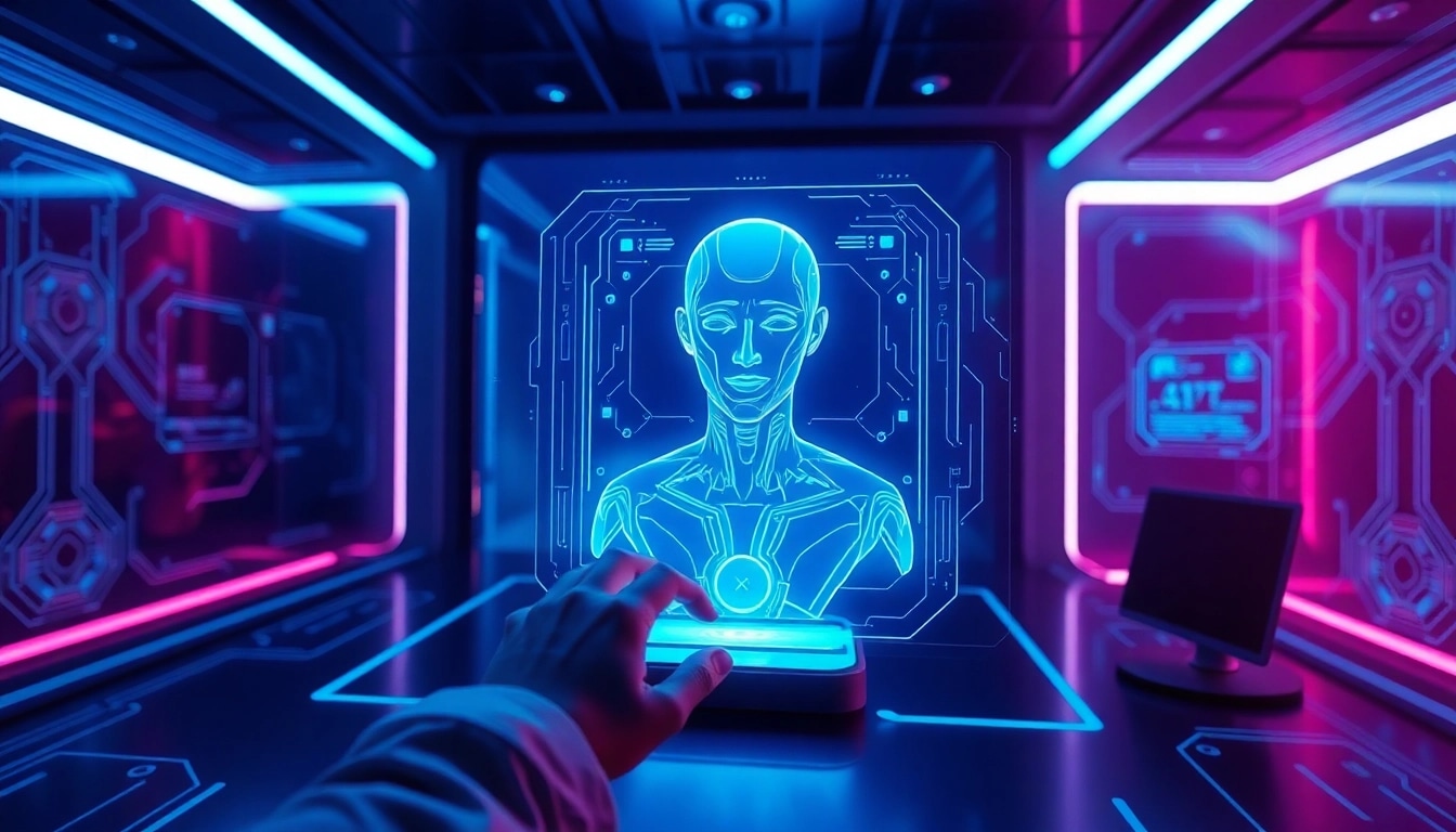 Futuristic scene of a user interacting with an NSFW AI chatbot interface, highlighting innovative technology.