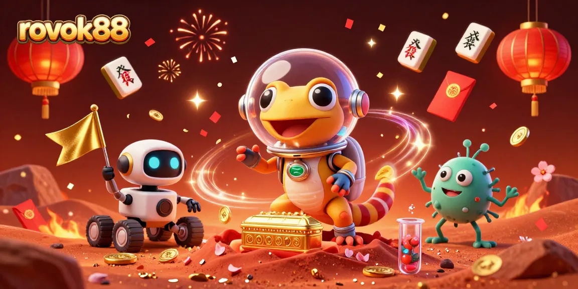 Experience rokok88's vibrant casino adventure with a Martian gecko and lively celebrations!