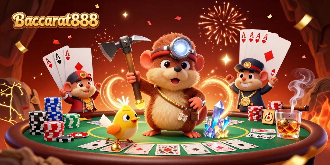 Baccarat888 offers an exciting gaming experience as a treasure hunter mole and his canary explore a vibrant casino scene.