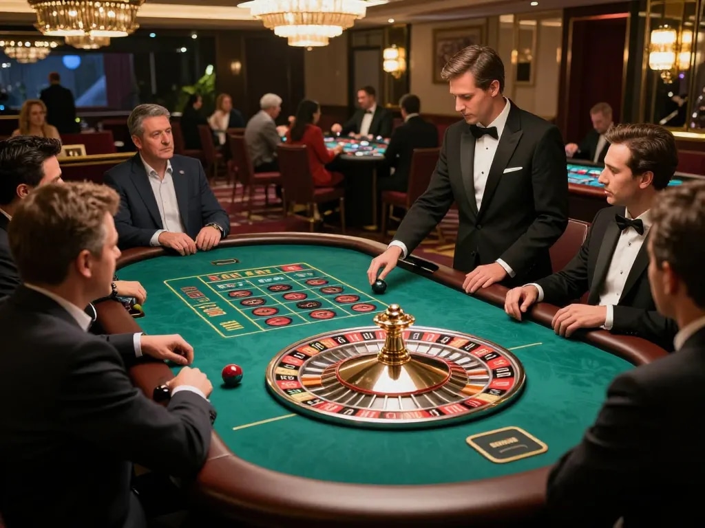 Players engaging in a thrilling roulette game at s8.com casino, showcasing strategic gameplay and luxury atmosphere.