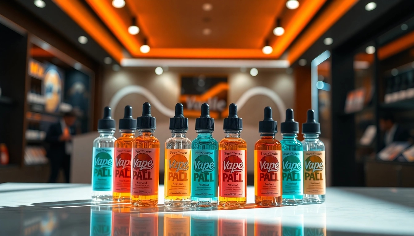Showcasing vibrant Vape & E-Liquids in a modern display setup with colorful bottles.