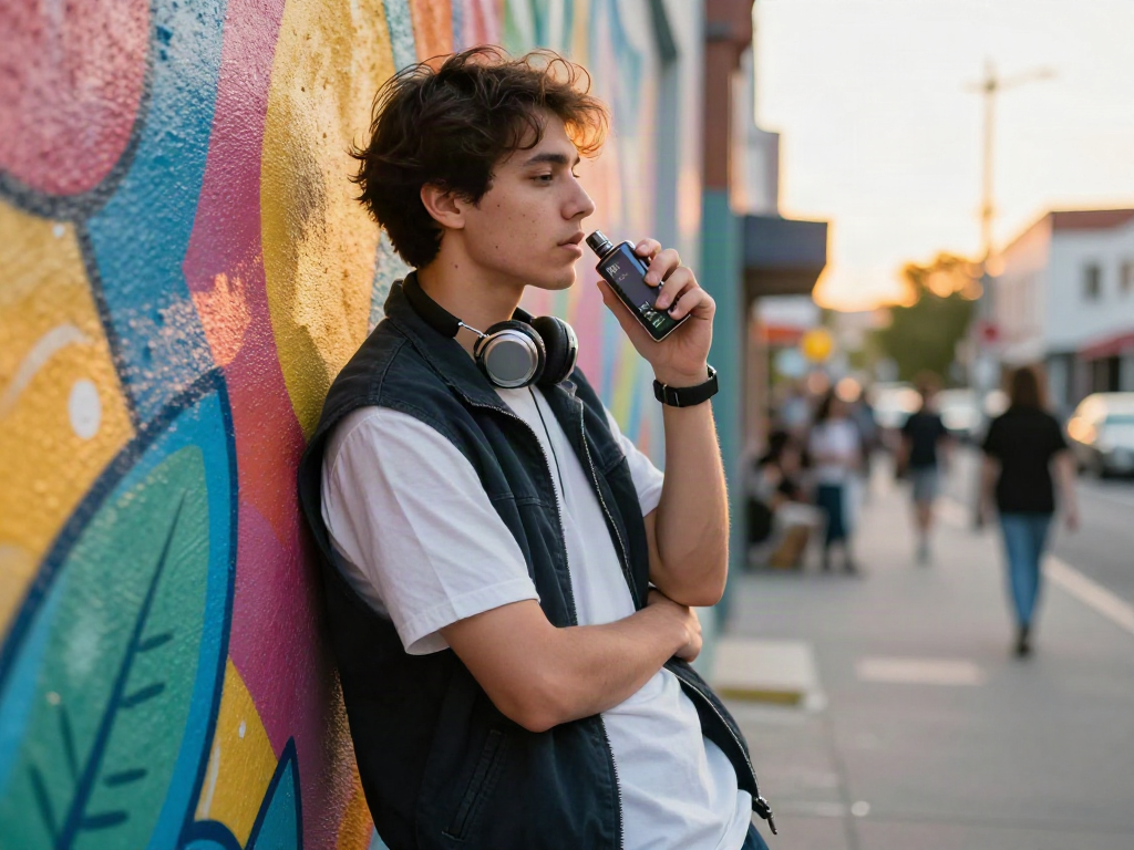 Young adult savoring Hitz infinity Gen 7 vape in colorful urban setting.