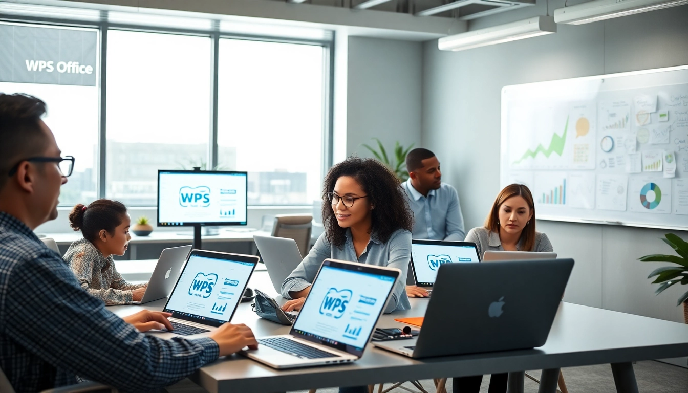 团队在现代办公室使用 WPS Office 软件提升生产力的协作场景。