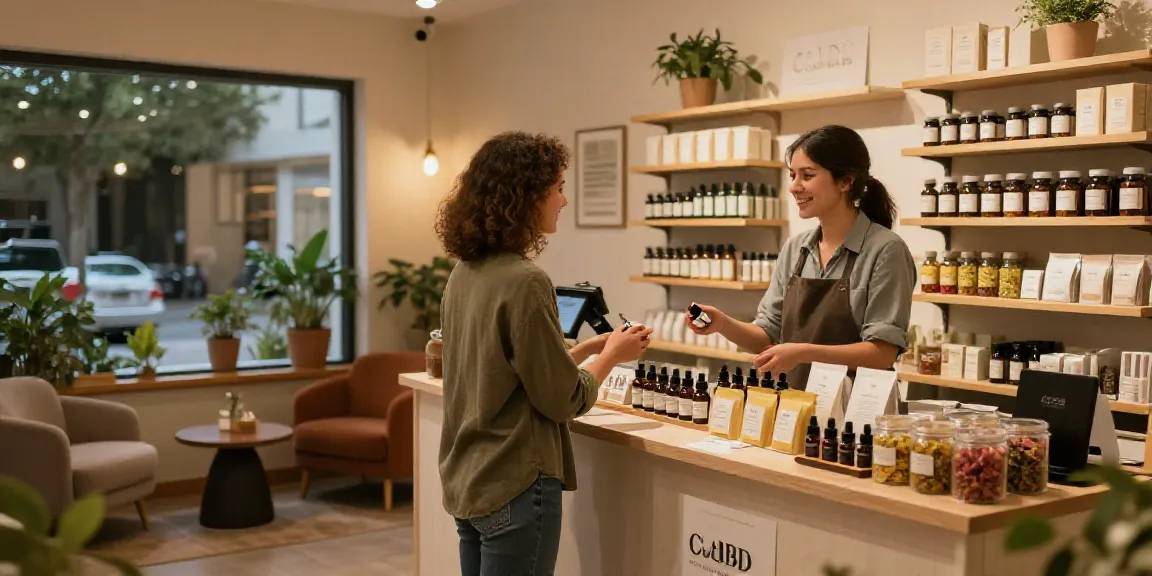 Warm and inviting CBD shop interior with premium CBD products on display.