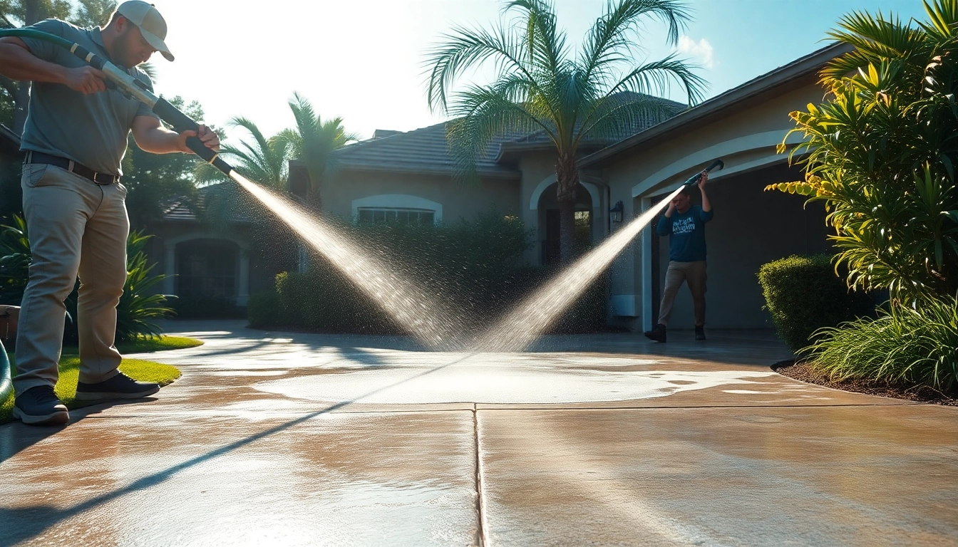 Concrete cleaning in Kissimmee with professional pressure washing service, showcasing pristine results.