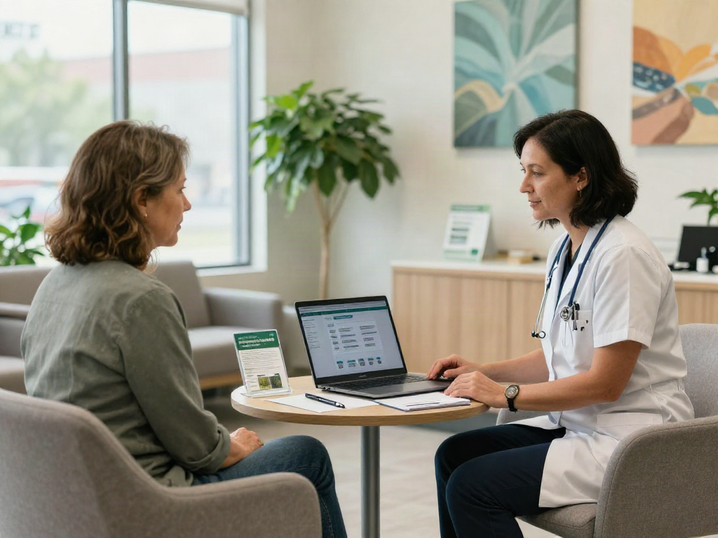 Consultation about Texas MMJ card in a healthcare setting, patient discussing options with a professional.