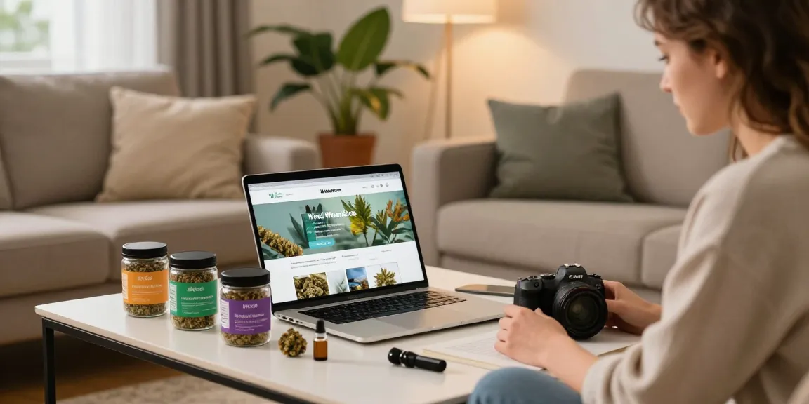 Shop cannabis online with a cozy setting, young adult browsing Weed Wonderland’s unique selection.