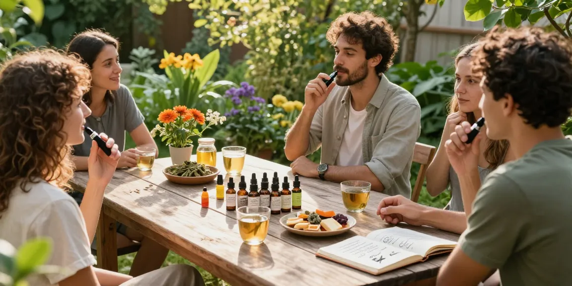 thc disposable vape among friends enjoying a natural wellness afternoon with CBD oils and teas.