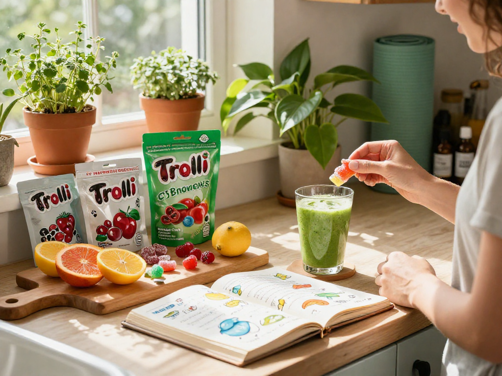 Trolli sweets showcased in a vibrant kitchen wellness routine with CBD products, promoting natural and flavorful health.
